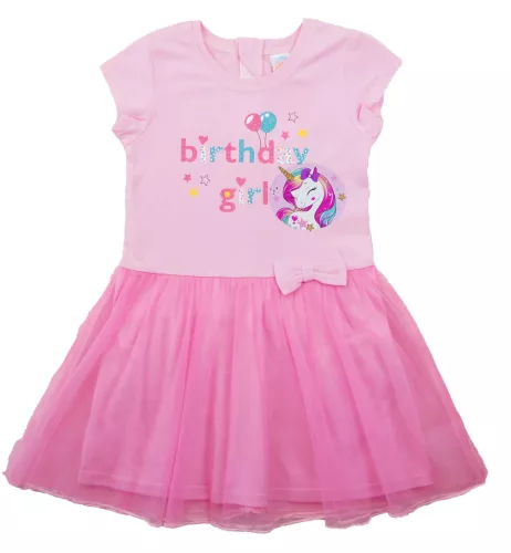 Tüllös rövid ujjú ruha – Szülinapos unikornisos mintával