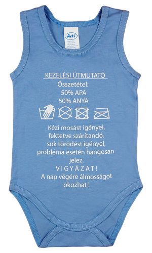 "Kezelési útmutató" feliratos ujjatlan baba body kék