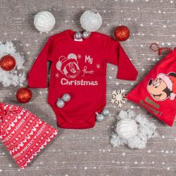   Disney Minnie "My first Christmas" feliratos hosszú ujjú karácsonyi baba body|kombidressz piros