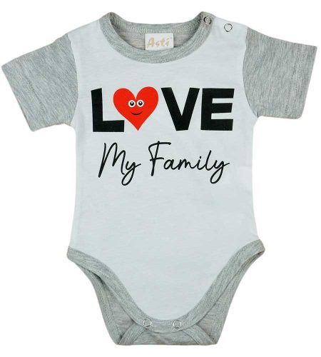 "Love my family" feliratos rövid ujjú baba body fehér