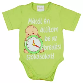 Feliratos rövid ujjú kislány baba body zöld