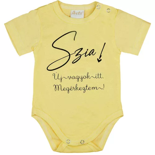 Rövid ujjú feliratos baba body sárga