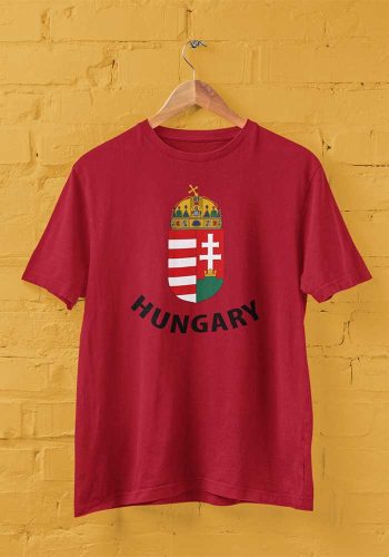 Rövid ujjú férfi póló magyar címerrel és Hungary felirattal