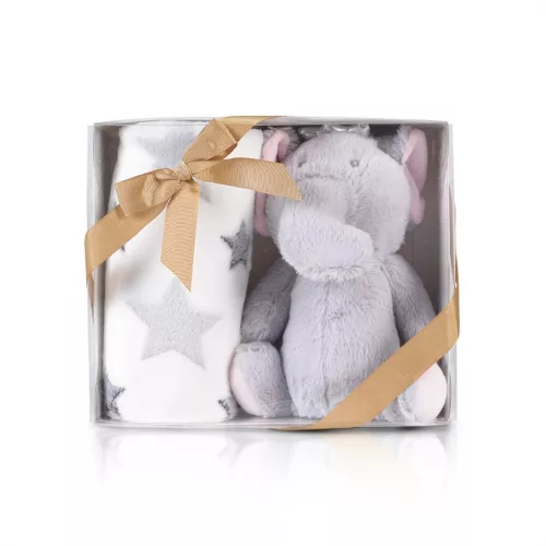 Cangaroo Ajándékdobozos plüss takaró (90x75 cm) - Plüss elefánt játékkal - Szürke csillagok