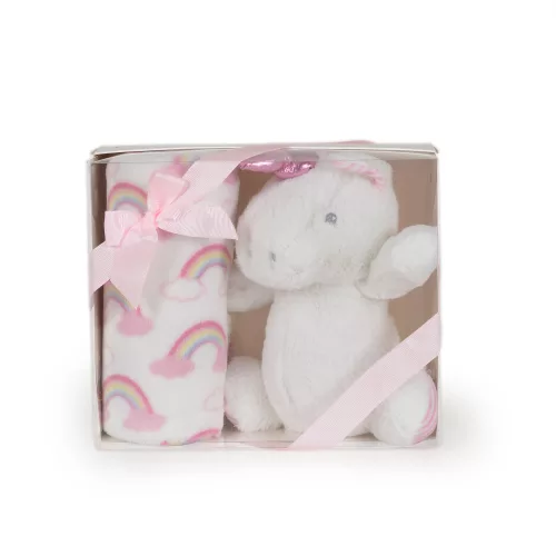 Cangaroo Ajándékdobozos plüss takaró (90x75 cm) - Plüss unikornis játékkal - Rózsaszín szivárványok
