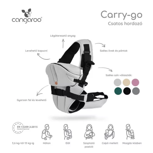 Cangaroo Carry Go 4 pozíciós, kapucnis csatos hordozó - Világosszürke