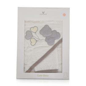   Cangaroo Pamut frottír, maci mintás kapucnis törölköző (100x100 cm) + Mosdatókesztyű - Fehér - Barna szegéssel