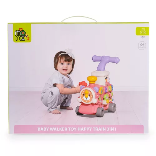 Moni Toys 3in1 Happy Train járássegítő és készségfejlesztő játék - Rózsaszín