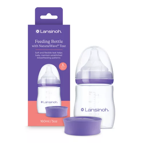 Lansinoh Cumisüveg lassú folyású etetőcumival + fedéllel 160 ml