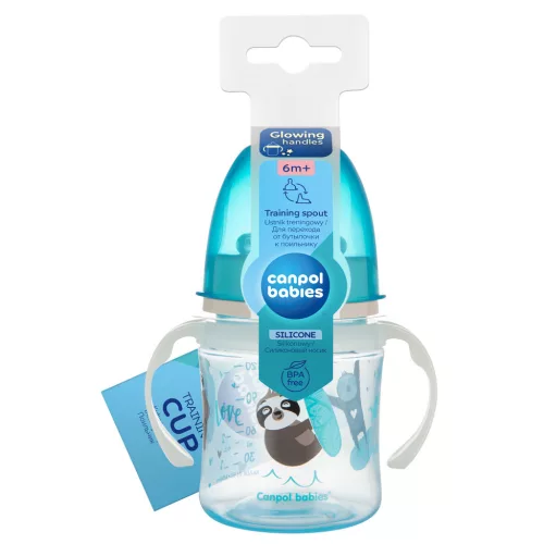 Canpol Babies Cseppmentes Szilikon tanulópohár világító fogantyúval 120ml (6h+) Exotic Animals - Kék