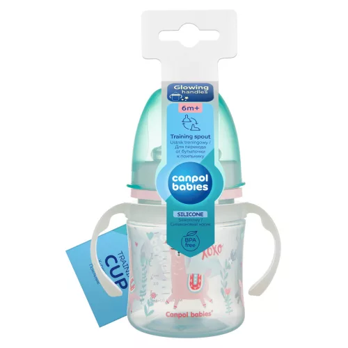 Canpol Babies Cseppmentes Szilikon tanulópohár világító fogantyúval 120ml (6h+) Exotic Animals - Zöld