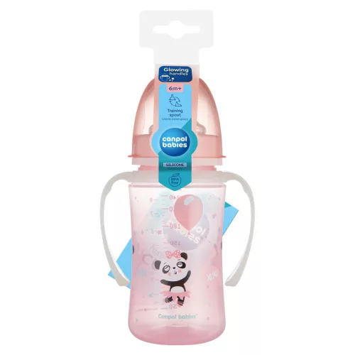 Canpol Babies Cseppmentes Szilikon tanulópohár világító fogantyúval 240ml (6h+) Exotic Animals - Rózsaszín