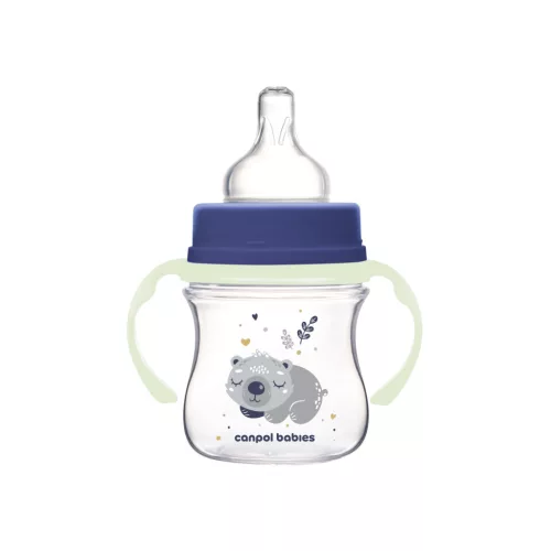 Canpol Babies EasyStart anti-kólikás cumisüveg világító fogantyúval 120ml (0h+) - Sleepy Koala - Kék