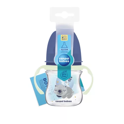 Canpol Babies EasyStart anti-kólikás cumisüveg világító fogantyúval 120ml (0h+) - Sleepy Koala - Kék