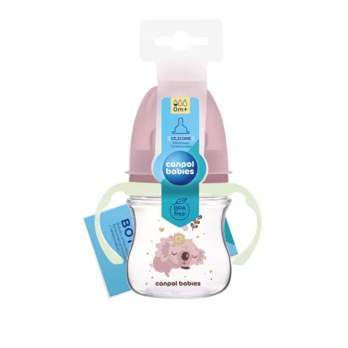 Canpol Babies EasyStart anti-kólikás cumisüveg világító fogantyúval 120ml (0h+) - Sleepy Koala - Rózsaszín