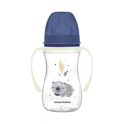 Canpol Babies EasyStart anti-kólikás cumisüveg világító fogantyúval 240ml (3h+) - Sleepy Koala - Kék