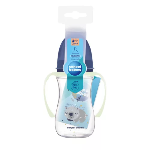 Canpol Babies EasyStart anti-kólikás cumisüveg világító fogantyúval 240ml (3h+) - Sleepy Koala - Kék