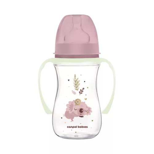 Canpol Babies EasyStart anti-kólikás cumisüveg világító fogantyúval 240ml (3h+) - Sleepy Koala - Rózsaszín
