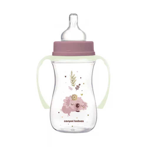 Canpol Babies EasyStart anti-kólikás cumisüveg világító fogantyúval 240ml (3h+) - Sleepy Koala - Rózsaszín