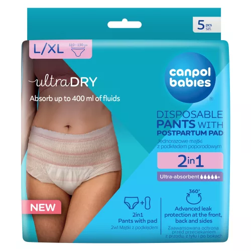 Canpol Babies 2in1 szülés utáni eldobható bugyi ultra nedvszívó szülés utáni betéttel - L/XL méret (5 db)