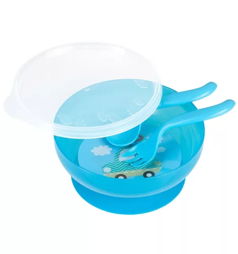 Canpol Babies Csúszásmentes műanyag tál fedéllel és evőeszközökkel 350 ml (9h+) - Kék