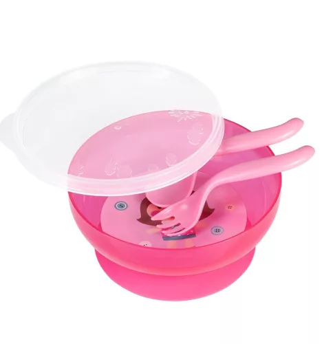 Canpol Babies Csúszásmentes műanyag tál fedéllel és evőeszközökkel 350 ml (9h+) - Rózsaszín
