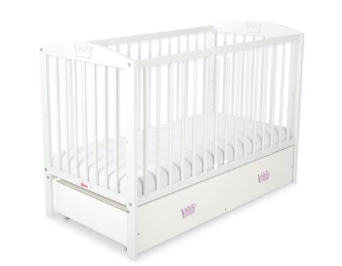 BabyLion Prémium Maxi Princess kiságy ágyneműtartóval - 60x120 - Fehér - Rózsaszín fogantyúk