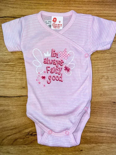 LP Rövid ujjú átlapolós filmnyomott pamut body (50) - Rózsaszín csíkos - Fairy