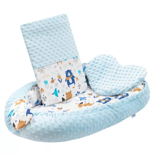 Luxus babafészek párnával és paplannal New Baby Minkyből kék