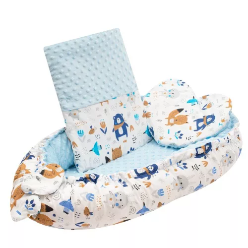 Luxus babafészek párnával és paplannal New Baby Minkyből kék