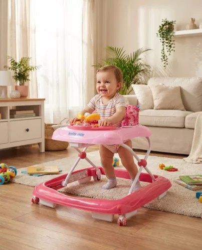 Gyerek bébikomp Baby Mix kormánykerékkel szilikon kerekek rózsaszín