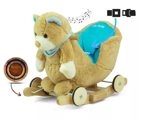 Zenélő hintajáték kerekekkel Milly Mally Polly maci barna-kék