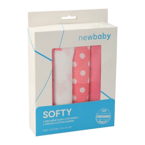 Pamut tetra pelenka New Baby Softy nyomtatott mintával  70 x 70 cm 4 db fehér-rózsaszín