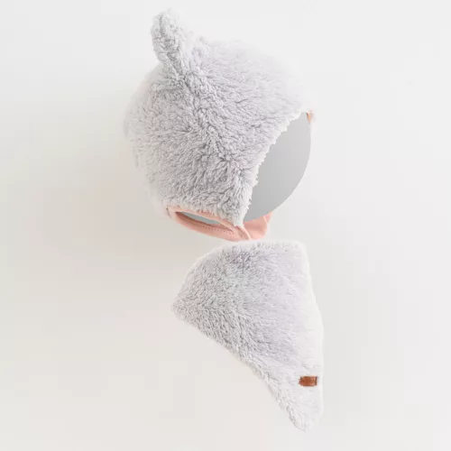Téli baba sapka és nyakba való kendő New Baby Teddy bear szürke rózsaszín