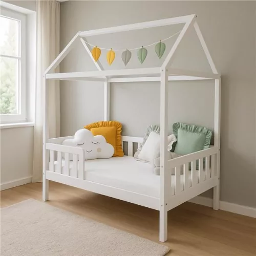 Gyermek ház alakú ágy korláttal és ágyráccsal New Baby CASTELLO 160x80 cm fehér