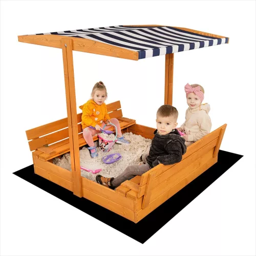 Zárható fa homokozó padokkal és tetővel gyerekeknek Baby Mix 120x120 cm kék-fehér
