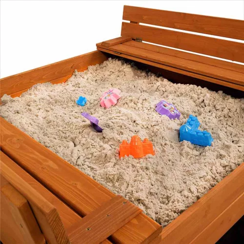 Zárható fa homokozó padokkal és tetővel gyerekeknek Baby Mix 120x120 cm kék-fehér