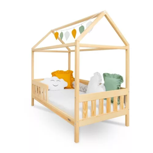 Gyermek ház alakú ágy korláttal és ágyráccsal New Baby CASTELLO 160x80 cm természetes