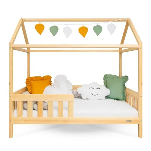 Gyermek ház alakú ágy korláttal és ágyráccsal New Baby CASTELLO 160x80 cm természetes