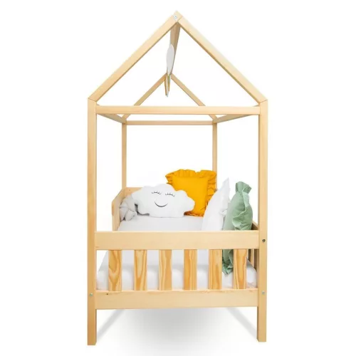 Gyermek ház alakú ágy korláttal és ágyráccsal New Baby CASTELLO 160x80 cm természetes