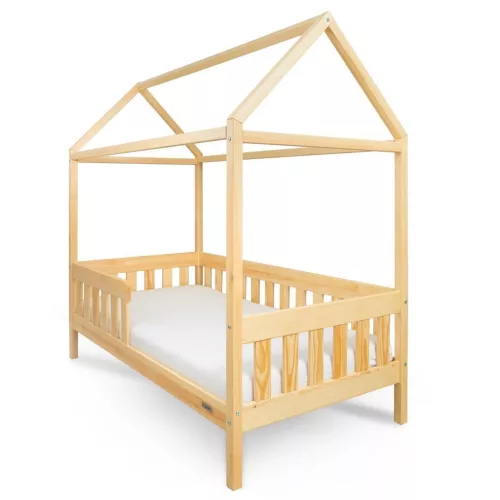 Gyermek ház alakú ágy korláttal és ágyráccsal New Baby CASTELLO 160x80 cm természetes