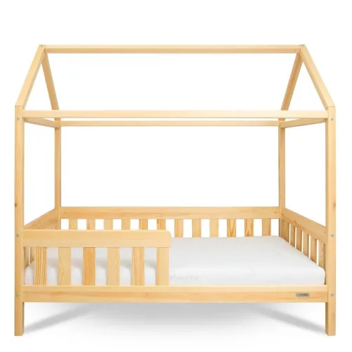 Gyermek ház alakú ágy korláttal és ágyráccsal New Baby CASTELLO 160x80 cm természetes