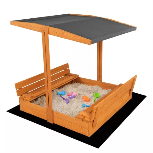 Zárható fa homokozó padokkal és tetővel gyerekeknek Baby Mix 120x120 cm szürke