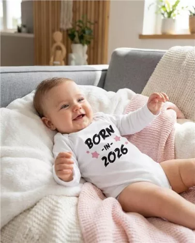 Gyermekek body nyomtatással New Baby BORN IN 2026 pink