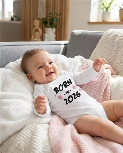 Gyermekek body nyomtatással New Baby BORN IN 2026 pink