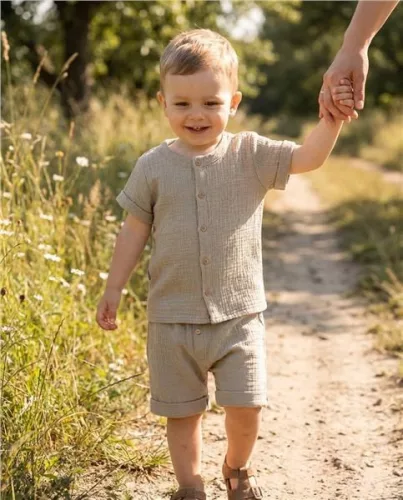 Baba muszlin ing rövidnadrággal New Baby linen