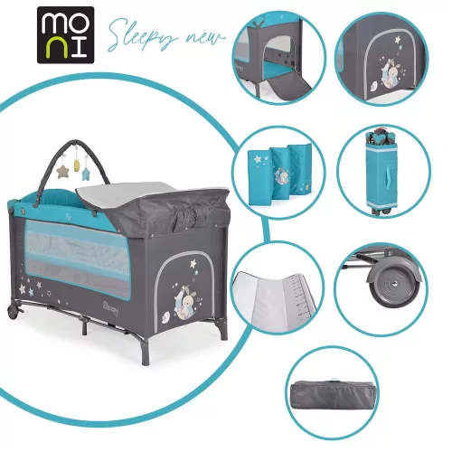 MONI Sleepy összecsukható luxus utazóágy 2 szint+pelenkázó+ játék türkiz