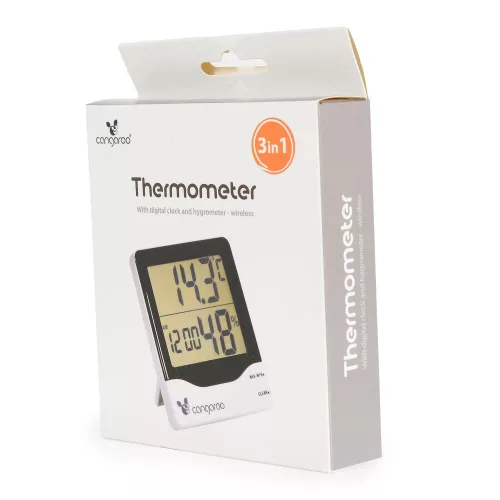 THERMOMETER hőmérő, páratartalom mérővel és digitális órával ZÖLD/FEHÉR