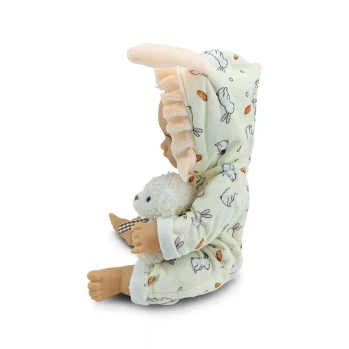 BABA 30cm  újszülött nyusziruhában kismacival SZÜRKE