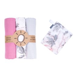   MTT Textil pelenka 3 db + Mosdatókesztyű - Szürke-Rózsaszín-minták